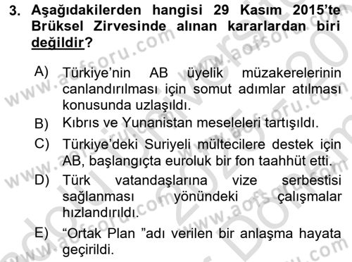Avrupa Birliği ve Türkiye İlişkileri Dersi 2025 - 2026 Yılı (Final) Dönem Sonu Sınav Soruları 3. Soru