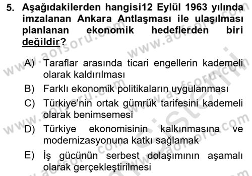 Avrupa Birliği ve Türkiye İlişkileri Dersi 2025 - 2026 Yılı (Final) Dönem Sonu Sınav Soruları 5. Soru