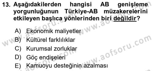 Avrupa Birliği ve Türkiye İlişkileri Dersi 2025 - 2026 Yılı Yaz Okulu Sınav Soruları 13. Soru