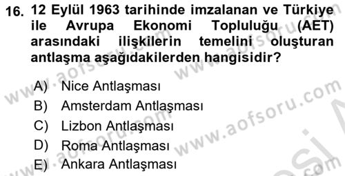 Avrupa Birliği ve Türkiye İlişkileri Dersi 2025 - 2026 Yılı Yaz Okulu Sınav Soruları 16. Soru