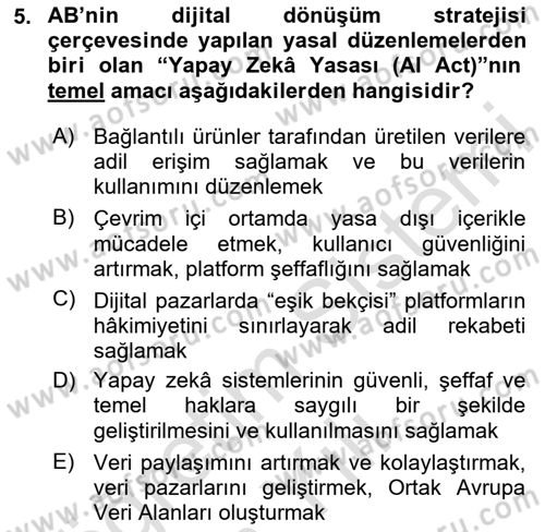 Avrupa Birliği ve Türkiye İlişkileri Dersi 2025 - 2026 Yılı Yaz Okulu Sınav Soruları 5. Soru