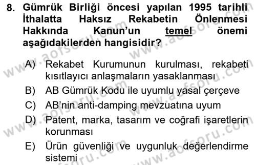 Avrupa Birliği ve Türkiye İlişkileri Dersi 2025 - 2026 Yılı Yaz Okulu Sınav Soruları 8. Soru