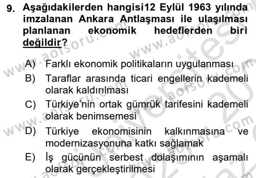 Avrupa Birliği ve Türkiye İlişkileri Dersi 2025 - 2026 Yılı Yaz Okulu Sınav Soruları 9. Soru