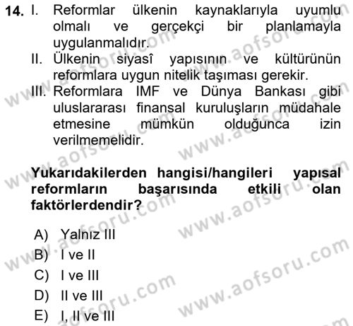 Ekonominin Güncel Sorunları Dersi 2023 - 2024 Yılı (Vize) Ara Sınavı 14. Soru