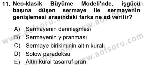 İktisadi Büyüme Dersi 2016 - 2017 Yılı 3 Ders Sınavı 11. Soru