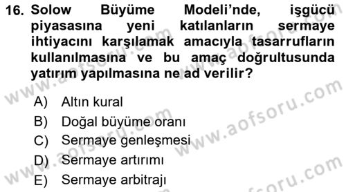 İktisadi Büyüme Dersi 2018 - 2019 Yılı Yaz Okulu Sınav Soruları 16. Soru