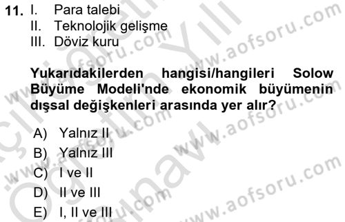 İktisadi Büyüme Dersi Yaz Okulu Sınavı Deneme Sınav Soruları 11. Soru