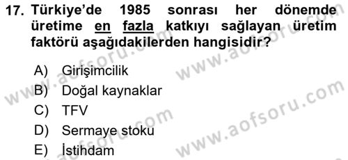 İktisadi Büyüme Dersi 2021 - 2022 Yılı Yaz Okulu Sınav Soruları 17. Soru