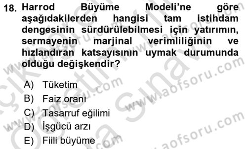 İktisadi Büyüme Dersi 2023 - 2024 Yılı (Vize) Ara Sınav Soruları 18. Soru