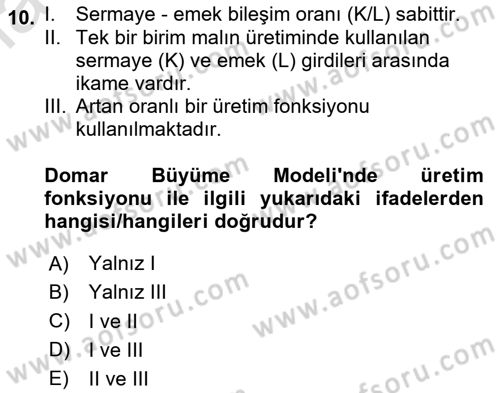 İktisadi Büyüme Dersi 2023 - 2024 Yılı Yaz Okulu Sınav Soruları 10. Soru