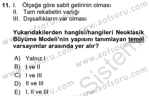 İktisadi Büyüme Dersi Yaz Okulu Sınavı Deneme Sınav Soruları 11. Soru
