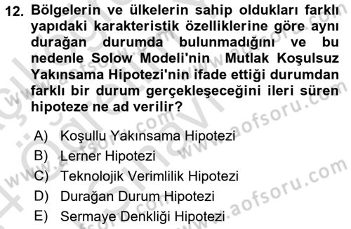 İktisadi Büyüme Dersi 2023 - 2024 Yılı Yaz Okulu Sınav Soruları 12. Soru