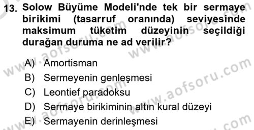 İktisadi Büyüme Dersi 2023 - 2024 Yılı Yaz Okulu Sınav Soruları 13. Soru