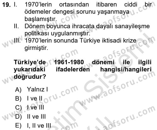 İktisadi Büyüme Dersi 2023 - 2024 Yılı Yaz Okulu Sınav Soruları 19. Soru