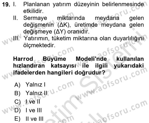 İktisadi Büyüme Dersi 2025 - 2026 Yılı (Vize) Ara Sınav Soruları 19. Soru