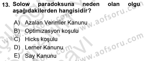 İktisadi Büyüme Dersi 2025 - 2026 Yılı Yaz Okulu Sınav Soruları 13. Soru