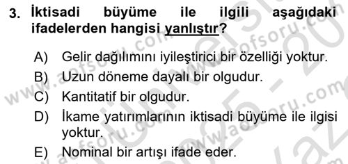 İktisadi Büyüme Dersi 2025 - 2026 Yılı Yaz Okulu Sınav Soruları 3. Soru
