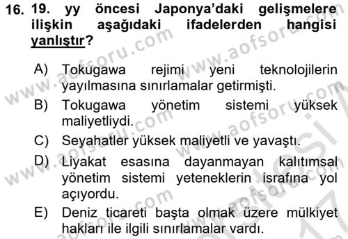 İktisat Tarihi Dersi 2016 - 2017 Yılı (Final) Dönem Sonu Sınav Soruları 16. Soru