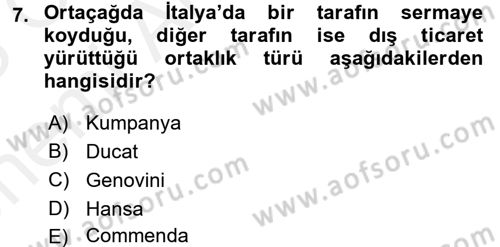 İktisat Tarihi Dersi 2017 - 2018 Yılı (Vize) Ara Sınav Soruları 7. Soru