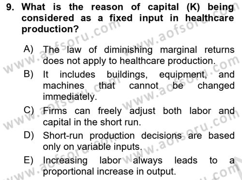 Health Economics Dersi 2024 - 2025 Yılı (Vize) Ara Sınav Soruları 9. Soru