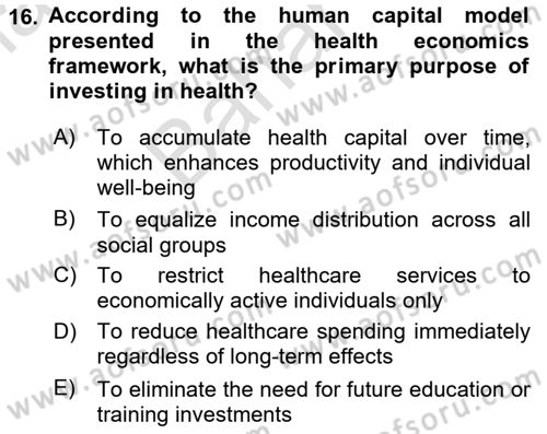 Health Economics Dersi 2024 - 2025 Yılı (Final) Dönem Sonu Sınav Soruları 16. Soru