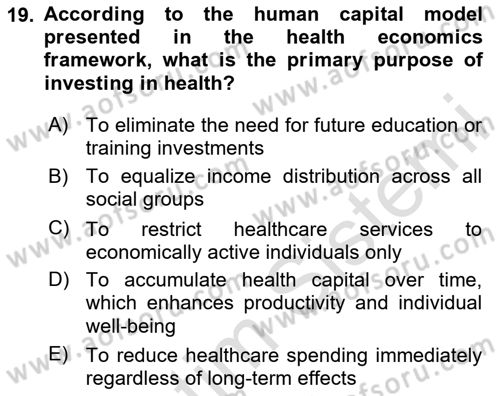 Health Economics Dersi 2024 - 2025 Yılı Yaz Okulu Sınav Soruları 19. Soru