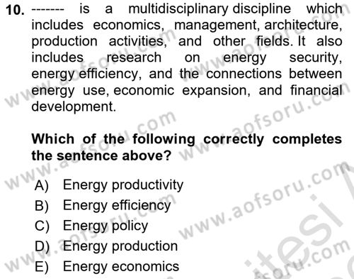 Energy Economics Dersi 2025 - 2026 Yılı (Vize) Ara Sınav Soruları 10. Soru