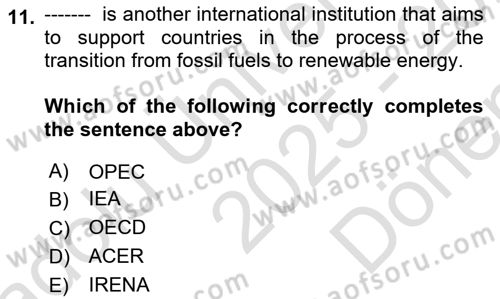 Energy Economics Dersi 2025 - 2026 Yılı (Final) Dönem Sonu Sınav Soruları 11. Soru