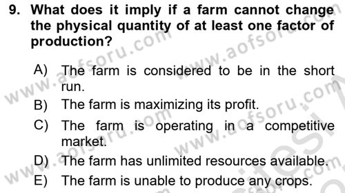 Agricultural Economics Dersi 2024 - 2025 Yılı (Vize) Ara Sınav Soruları 9. Soru