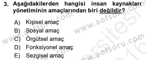 Örgütlerde İnsan Kaynakları Yönetimi Dersi 2015 - 2016 Yılı (Vize) Ara Sınav Soruları 3. Soru