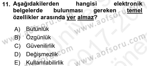 Belge Yönetimi ve Ofis Uygulamaları Dersi 2017 - 2018 Yılı (Final) Dönem Sonu Sınavı 11. Soru