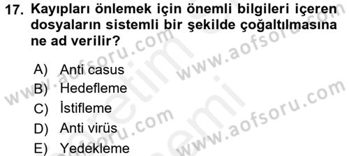E-İş Süreçleri Dersi 2017 - 2018 Yılı (Final) Dönem Sonu Sınav Soruları 17. Soru