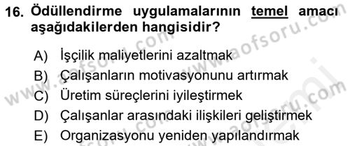 Ücret ve Ödül Yönetimi Dersi 2016 - 2017 Yılı (Final) Dönem Sonu Sınav Soruları 16. Soru