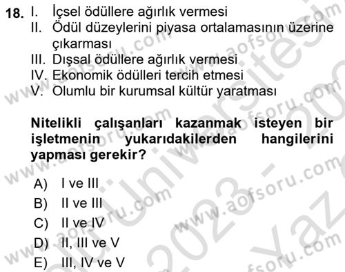 Ücret ve Ödül Yönetimi Dersi 2023 - 2024 Yılı Yaz Okulu Sınav Soruları 18. Soru