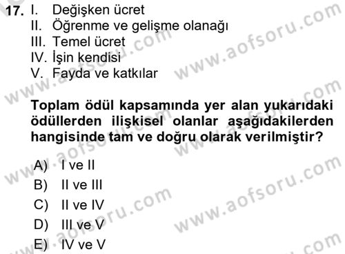 Ücret ve Ödül Yönetimi Dersi 2024 - 2025 Yılı Yaz Okulu Sınav Soruları 17. Soru