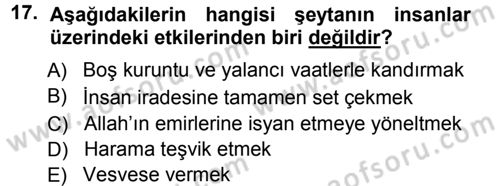 İslam İnanç Esasları Dersi 2012 - 2013 Yılı (Vize) Ara Sınav Soruları 17. Soru
