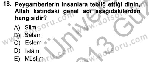 İslam İnanç Esasları Dersi 2012 - 2013 Yılı (Vize) Ara Sınav Soruları 18. Soru