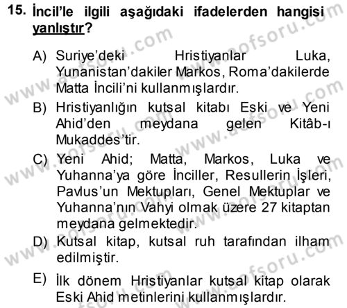 İslam İnanç Esasları Dersi 2013 - 2014 Yılı (Vize) Ara Sınav Soruları 15. Soru