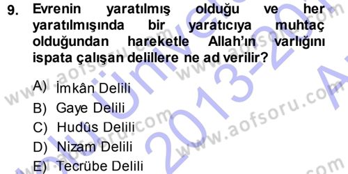 İslam İnanç Esasları Dersi 2013 - 2014 Yılı (Vize) Ara Sınav Soruları 9. Soru