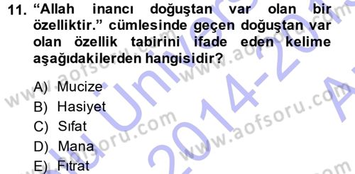 İslam İnanç Esasları Dersi 2014 - 2015 Yılı (Vize) Ara Sınav Soruları 11. Soru