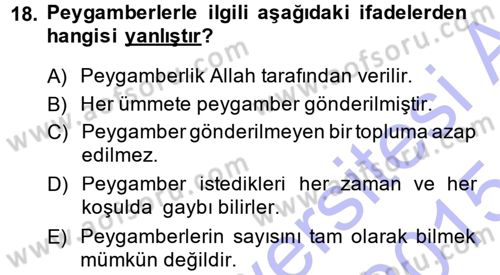 İslam İnanç Esasları Dersi 2014 - 2015 Yılı (Vize) Ara Sınav Soruları 18. Soru