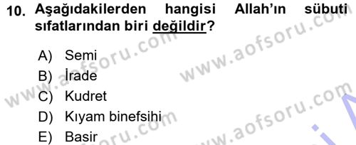 İslam İnanç Esasları Dersi 2015 - 2016 Yılı (Vize) Ara Sınav Soruları 10. Soru