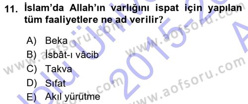 İslam İnanç Esasları Dersi 2015 - 2016 Yılı (Vize) Ara Sınav Soruları 11. Soru
