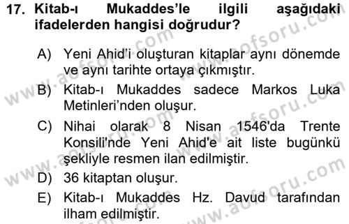 İslam İnanç Esasları Dersi 2015 - 2016 Yılı (Vize) Ara Sınav Soruları 17. Soru