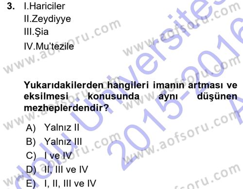 İslam İnanç Esasları Dersi 2015 - 2016 Yılı (Vize) Ara Sınav Soruları 3. Soru