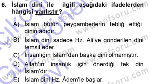 İslam İnanç Esasları Dersi 2015 - 2016 Yılı (Vize) Ara Sınavı 6. Soru