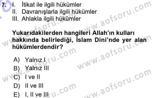 İslam İnanç Esasları Dersi 2015 - 2016 Yılı (Vize) Ara Sınav Soruları 7. Soru