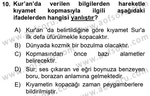 İslam İnanç Esasları Dersi 2015 - 2016 Yılı (Final) Dönem Sonu Sınav Soruları 10. Soru