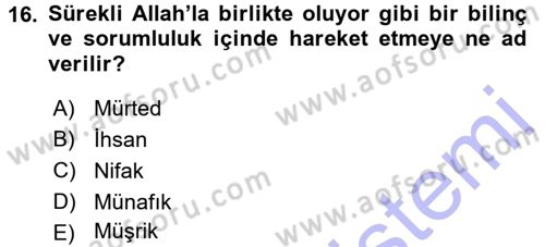 İslam İnanç Esasları Dersi 2015 - 2016 Yılı (Final) Dönem Sonu Sınav Soruları 16. Soru