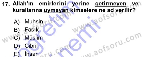 İslam İnanç Esasları Dersi 2015 - 2016 Yılı (Final) Dönem Sonu Sınav Soruları 17. Soru